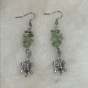 Silver Turtle Earrings with Green Moss Agate Stones